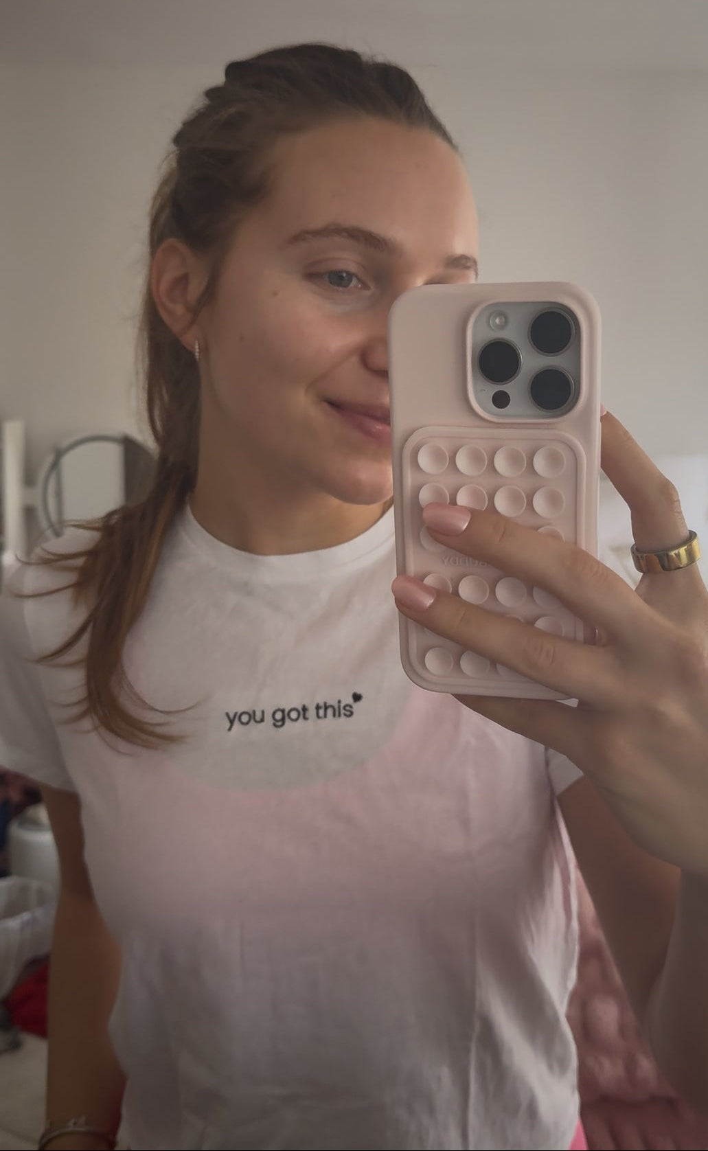 woman wearing white affirmation t-shirt you got this mirror selfie casual everyday positive mindset