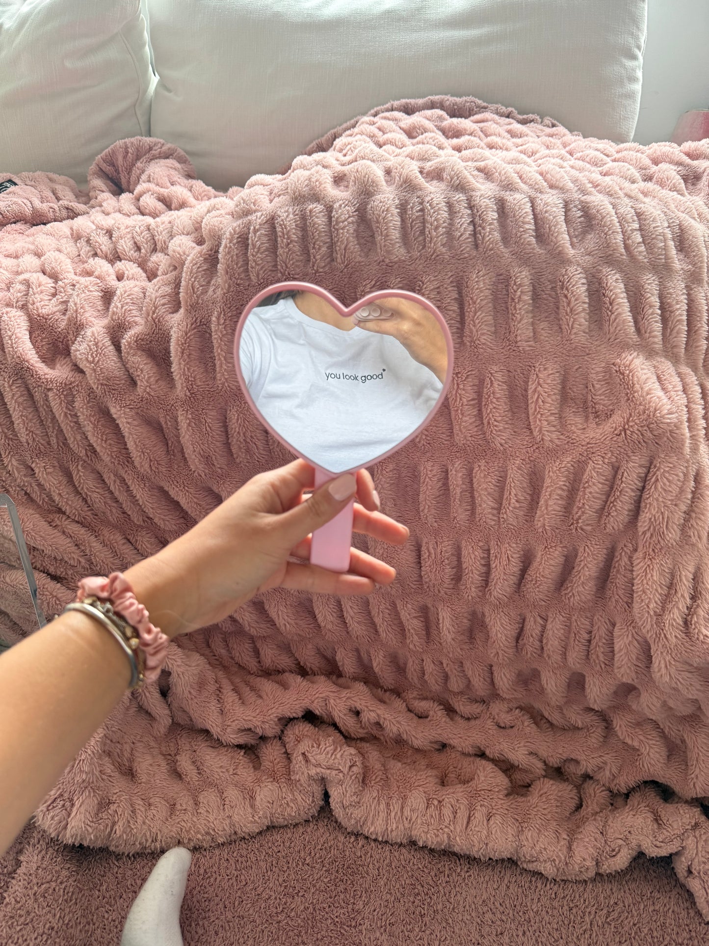 pink heart mirror reflecting white affirmation t-shirt you look good embroidery detail cozy aesthetic