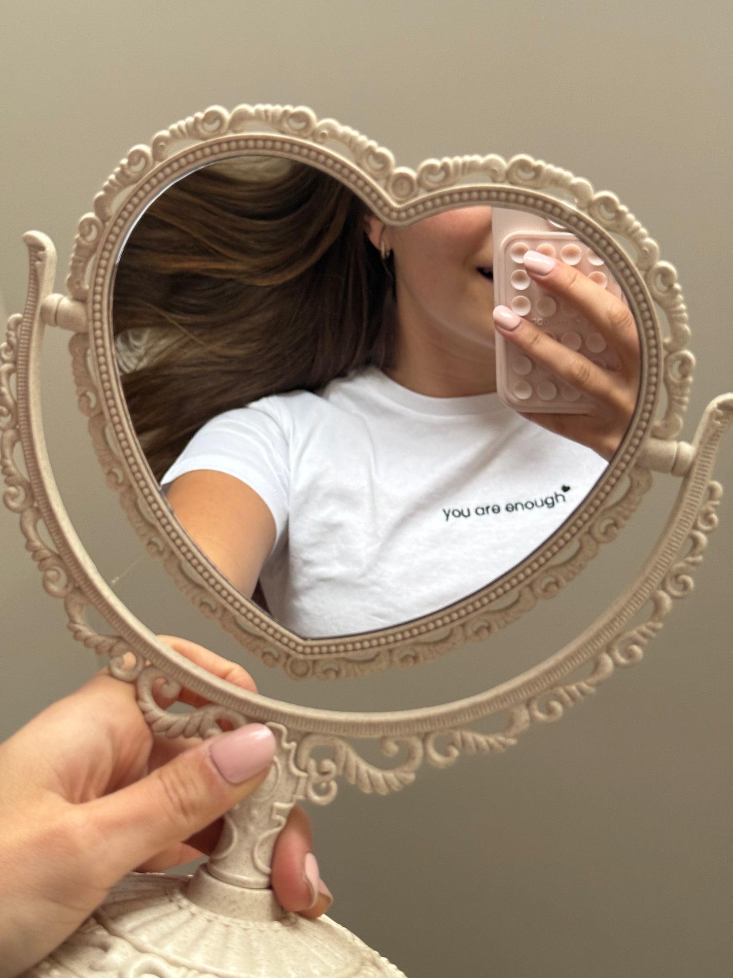 close up embroidery you are enough text white affirmation tee heart mirror detail self love
