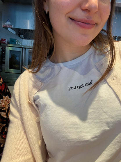 close up embroidery you got this text white affirmation tee layered jacket detail minimalist