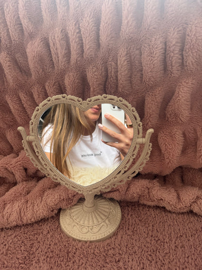 close up embroidered affirmation shirt you look good heart mirror aesthetic minimalist