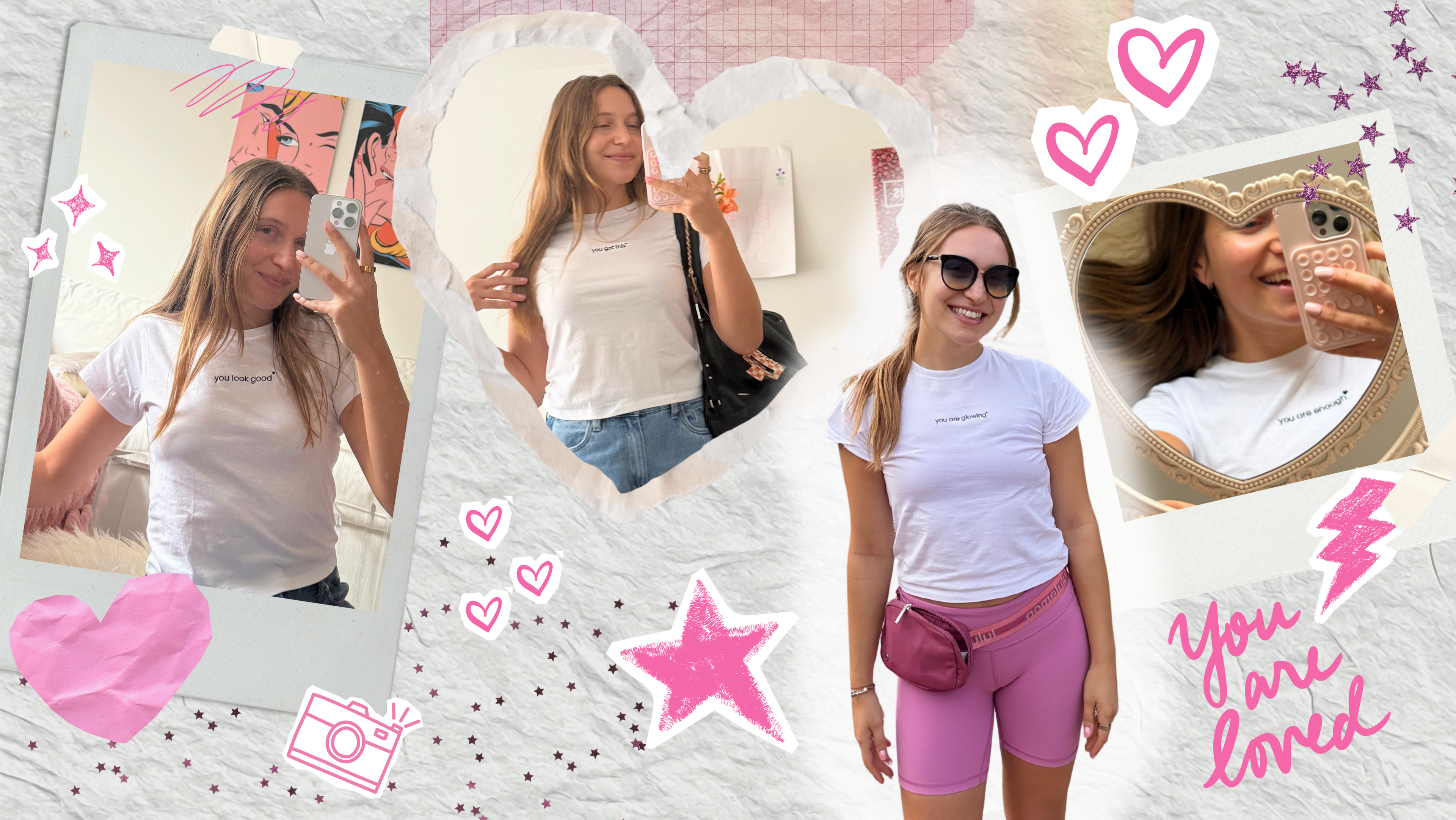 Collage of a woman in various poses in mirror moments tee shirts with decorative elements like hearts and stars.