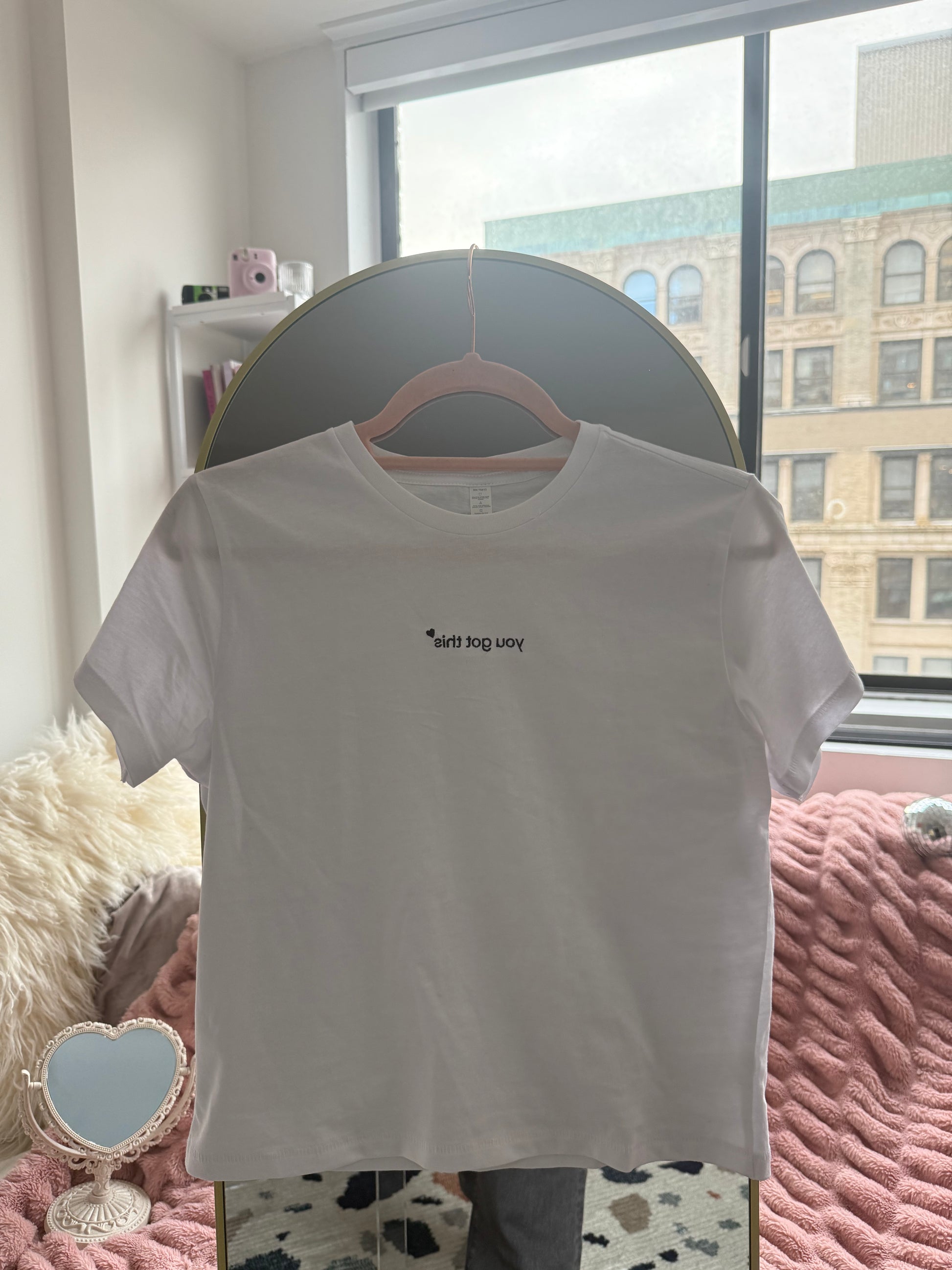 white affirmation t-shirt you got this embroidered on hanger cozy bedroom city window aesthetic